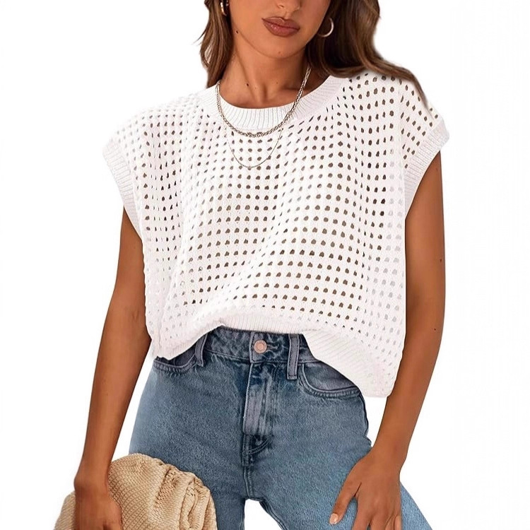 2026 Cross-Border Foreign Trade Summer Shirt Crochet Cap Sleeve Sweater Round Neck Pullover Beach Cover-Up