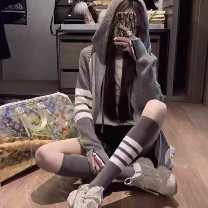 韩版网红百搭四杠条纹TB过膝袜带标个性有型灰色袜子中筒袜潮流款|undefined