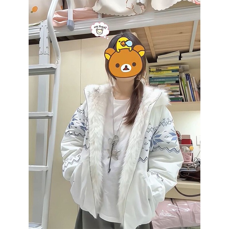 Pure, Cute and Gentle White Hooded Fur down Jacket, Versatile Loose Casual Warm Design Jacket