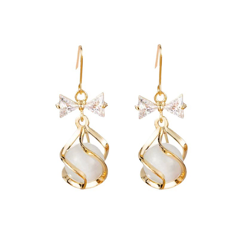 Earrings with zircon with bow, silver 925 sample, cat's eye, internet celebrity