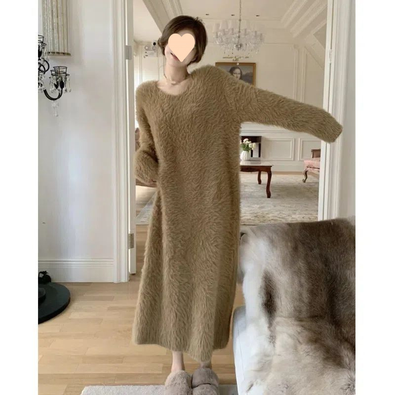 2025秋冬新款仿水貂絨寬鬆過膝長款長毛裙女裝大碼睡衣連衣裙