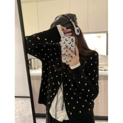 KKSTUDIO 黑白波点圆领针织开衫女春季韩系减龄百搭显瘦毛衣外套
