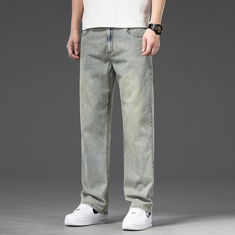 Counter Cotton Jeans Men's 2024 Spring and Summer Thin Loose Green Middle-aged Men's Straight Pants Non-ironing All-match Men's Pants