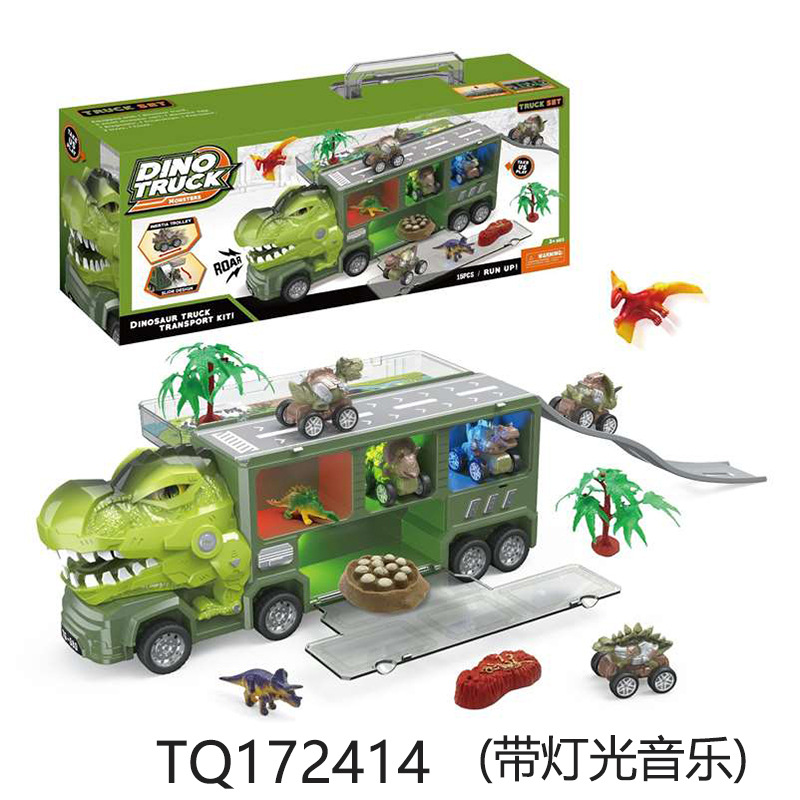 Transfronterizo nuevo coche de almacenamiento de dinosaurios inercia eléctrica tire de tiranosaurio transporte contenedor camión modelo juguetes para niños image 7