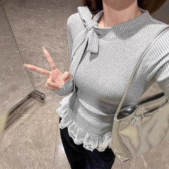 纯欲少女芭蕾风蝴蝶结系带修身打底衫女秋冬白色气质时尚百搭恤