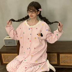 2025年新款春秋季天女士睡衣长袖可爱格子长裤大码套装家居服批发