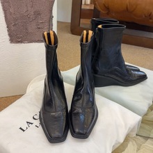 牛皮版英伦风复古真皮靴子坡跟马丁靴女气质方头瘦瘦靴内增高短靴