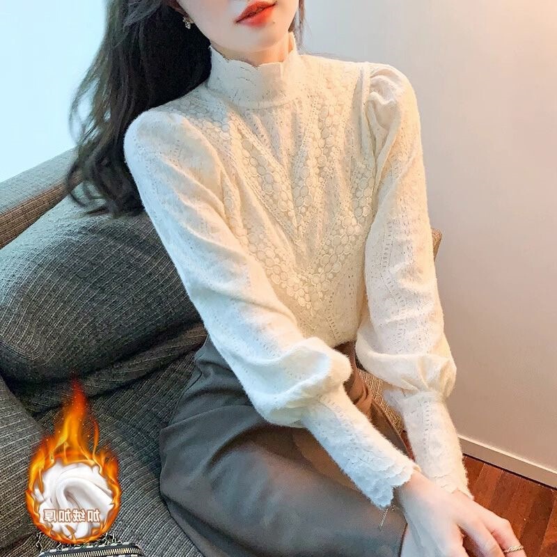 2025 Autumn and Winter New Style Velvet Thickeneded Half Turtleneck Lace Bottoming Shirt for Women with Stylish Inner Long-Sleeved Tops 2025 Autumn and Winter New Style Velvet Thickeneded Half Turtleneck Lace Bottoming Shirt for Women with Stylish Inner Long-Sleeved Tops