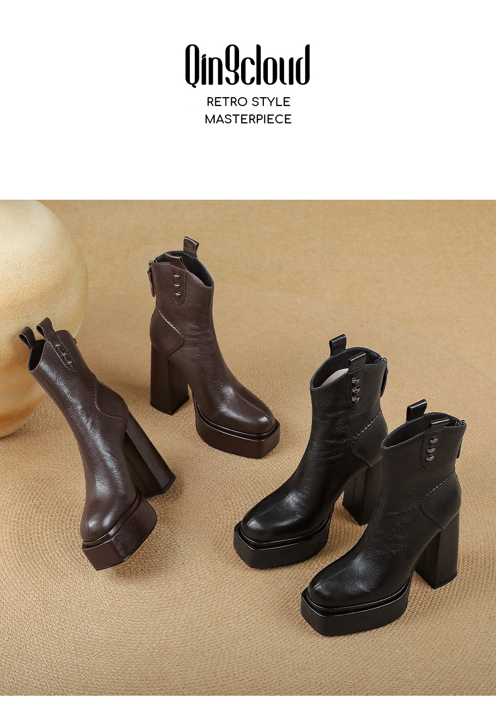 Boot nữ cổ thấp mũi vuông gót vuông cao 9 cm, đế platform, lót nhung ấm mùa thu đông — Lớp lót nhung đen chi tiết 14