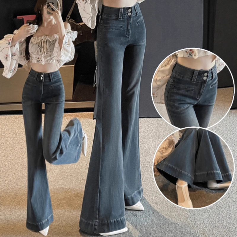 Cement Gray Wide-Leg Bootcut Jeans for Women 2025 New Spring & Fall High-Waist Slimming Look Elastic Non-Stick Leg Flared Pants