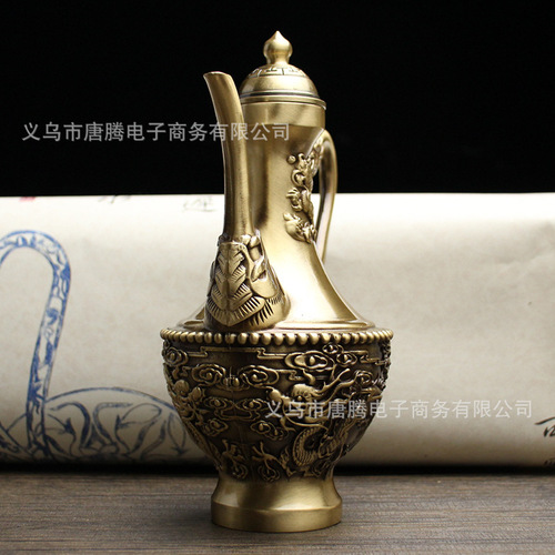 Brass dragon and phoenix wine pot home tabletop copper crafts ornaments pure copper double phoenix wine pot banquet wedding small copperware