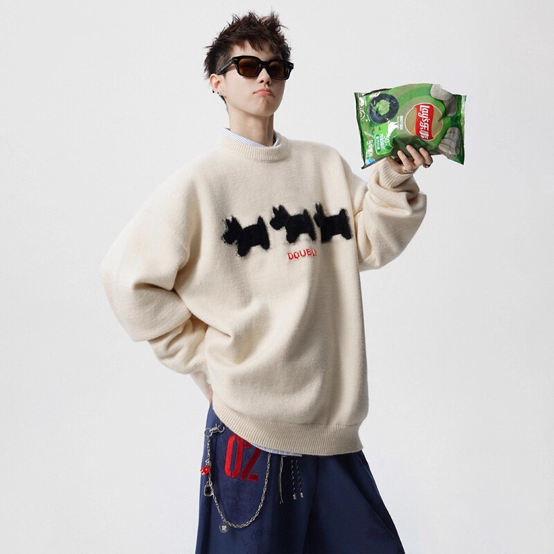 American Heavy Cartoon Print Knitwear Men's Winter High Street Casual Round Neck Knitwear Loose and Versatile Couple Tops