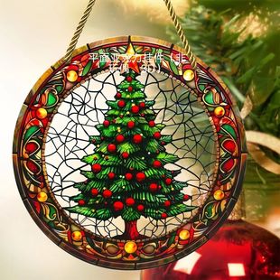 Cross-border temu painted Christmas tree flat acrylic Bohemian style colorful round pendant for car interior and exterior