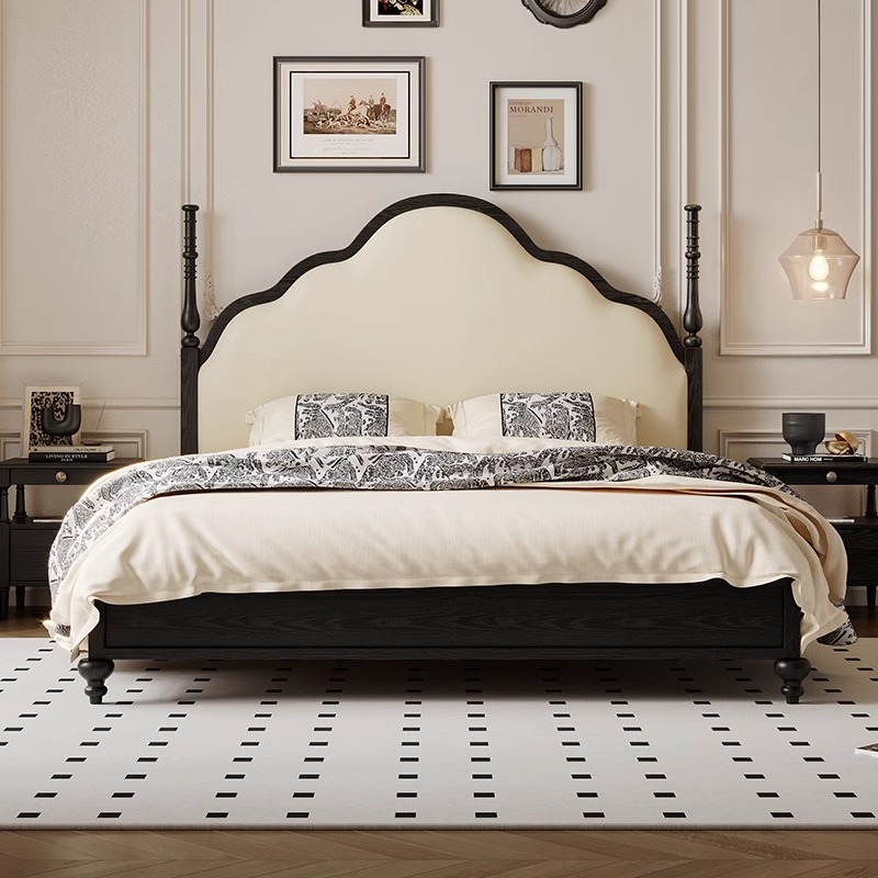 Cama de cuero francesa retrógrada Yunxi 1.8m negro cama de matrimonio doble cama de madera de cera de estilo retrógrado