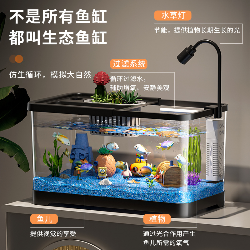 客厅鱼缸家用小型生态缸全套桌面造景金鱼缸办公室高清透明乌龟缸