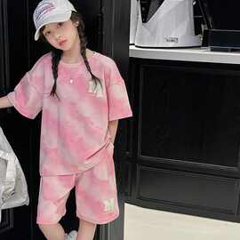 女童夏季套装2026新款洋气扎染纯棉t恤女上衣休闲五分短裤两件套