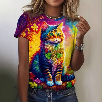 跨境电商女士短袖T恤源头工厂代发3D数码印花来图制作欧美地区