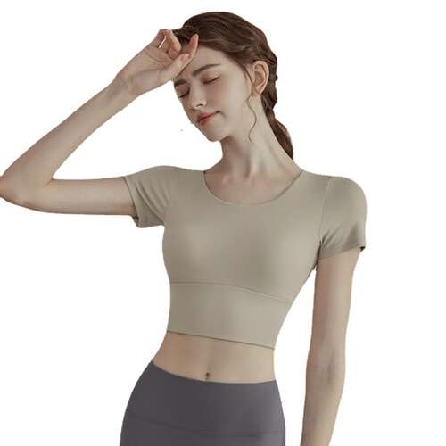 Yoga clothes for women  summer new style short-sleeved sports fitness training clothes with chest pads, tight short tops wholesale