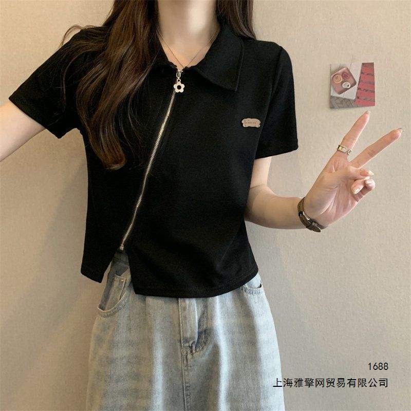 polo衫女短袖T恤短款正肩大码拉链t小众设计感别致小衫辣妹上衣服