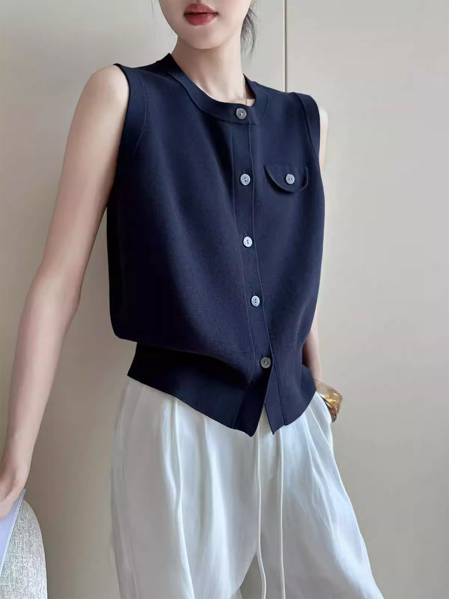 Áo cardigan len dệt kim nữ cổ tròn không tay dáng ôm — màu xanh hải quân