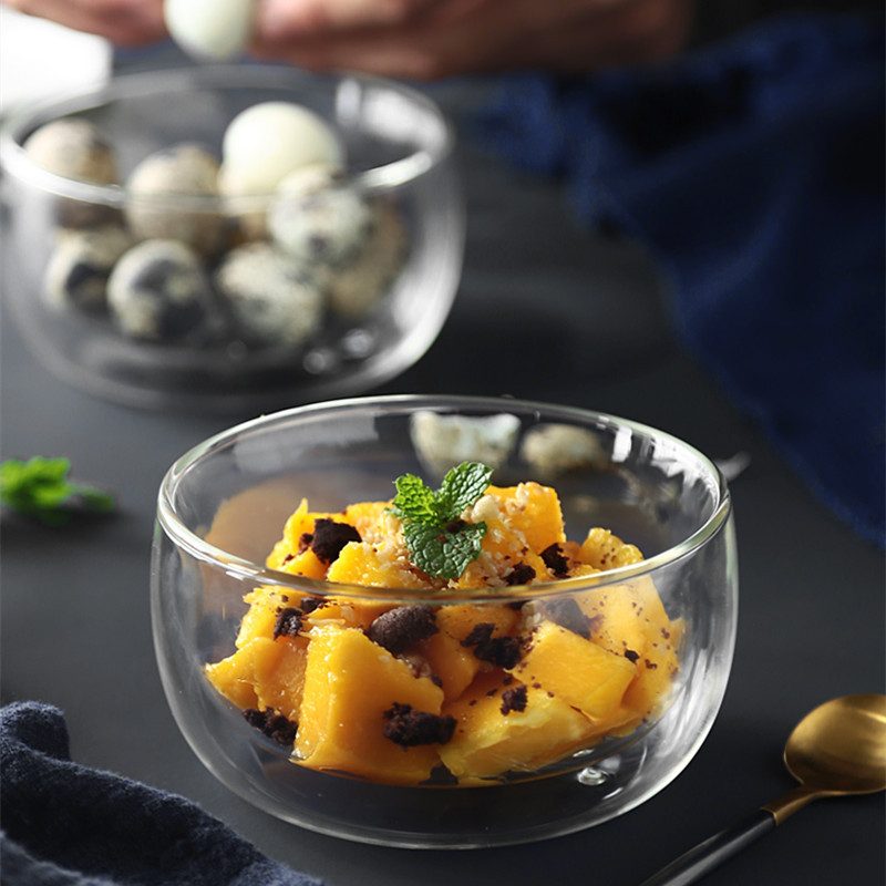 Tazón de vidrio de borosilicato de doble capa, tazón de ensalada de vidrio transparente, tazón de vidrio aislante grueso, tazón para yogur y postres