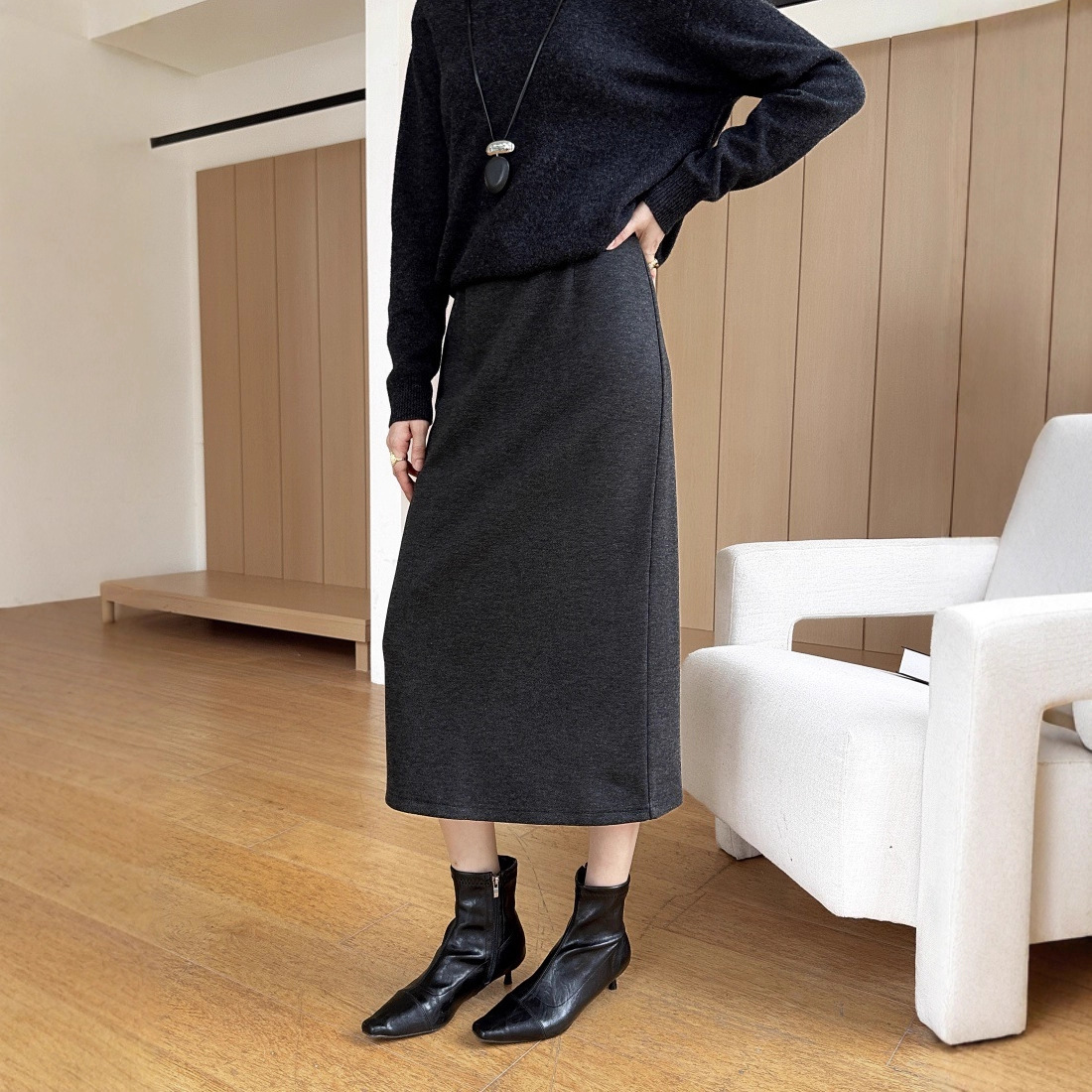 In-Stock Acetate Wool Autumn and Winter Woolen Skirt, High-Waisted, Slimming, Mid-Length, Straight, Fitted, Commuter A-Line Skirt for Women