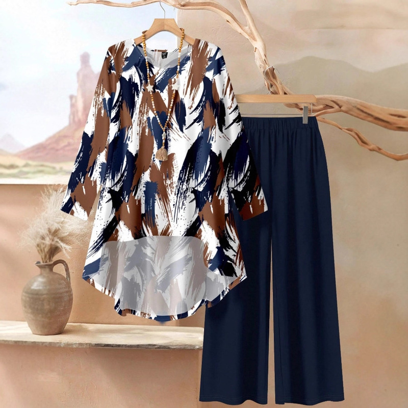 Cross-Border European and American Three-Quarter Sleeve Suit Amazon Spring and Autum New Round Neck Printed Jacket Shirt Suit