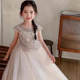 现货童装夏季新款洋气女童连衣裙儿童高端钢琴表演香槟网纱礼服裙