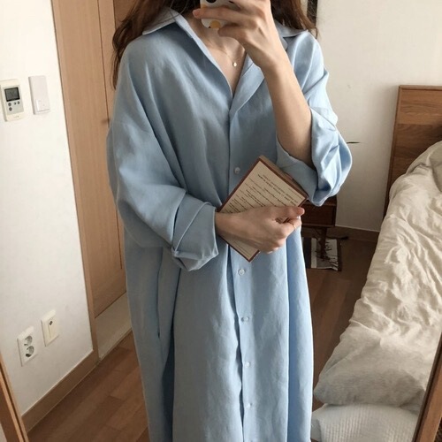 Korean Style Light Mature Elegant Lazy Style Super Long Shirt Style Long Dress Cotton Linen Sun Protection Over-the-knee