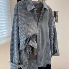 复古水洗磨毛蓝色格子衬衫外套女春秋加厚宽松休闲外搭叠穿上衣潮