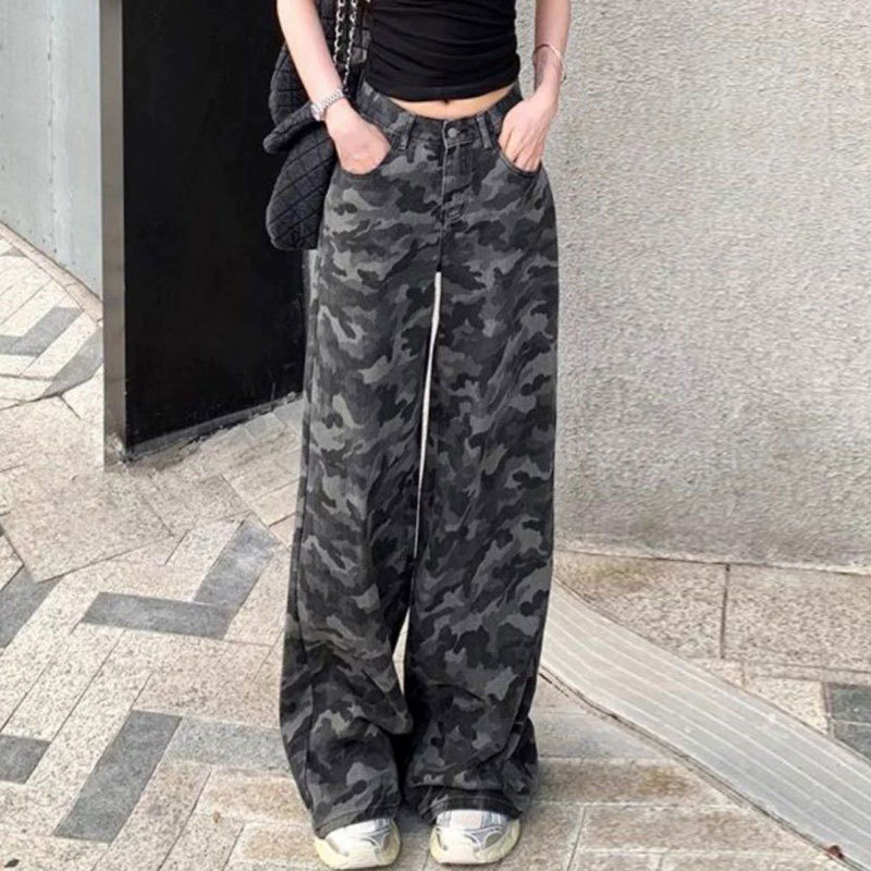大码美式复古松弛感迷彩牛仔裤女夏季新款做旧宽松直筒拖地长裤子|undefined