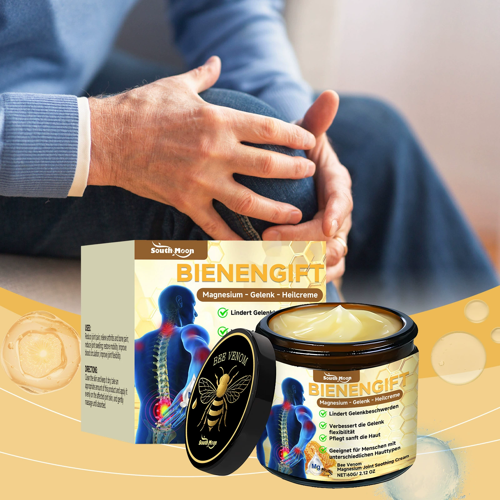 Крем для ухода за суставами с пчелиным ядом South Moon Нежные ингредиенты Уход за дискомфортом в суставах Ежедневный массажный крем для наружного применения