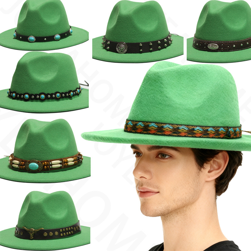 Nuevo sombrero Pu Correa remachada sombrero con sombrero vaquero de piedra elástica sombrero de fieltro cinturón de tejido modelo Pu sombrero con accesorios