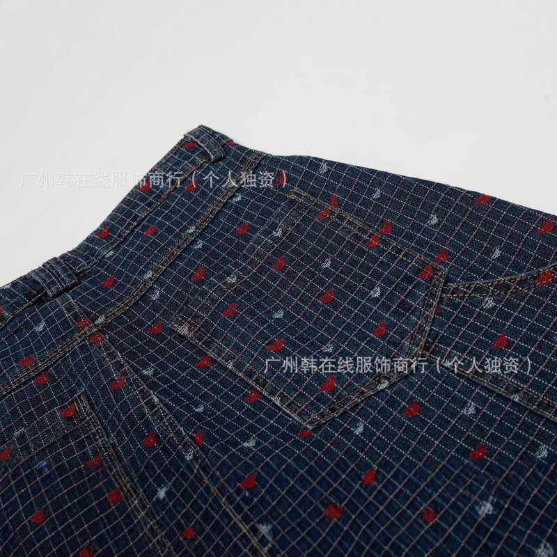 现货原创美式复古格子爱心弯刀牛仔裤女秋季宽松阔腿裤设计感裤子|undefined