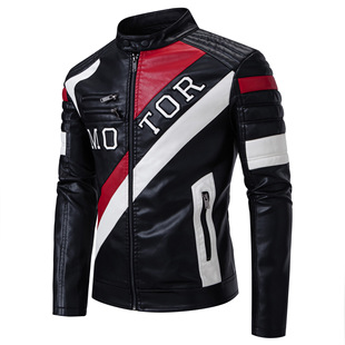 New Cross-border Collar Men's Leather Jacket Color-matching Embroidered Men's Leather Jacket Racing Suit Motorcycle Bike Suit