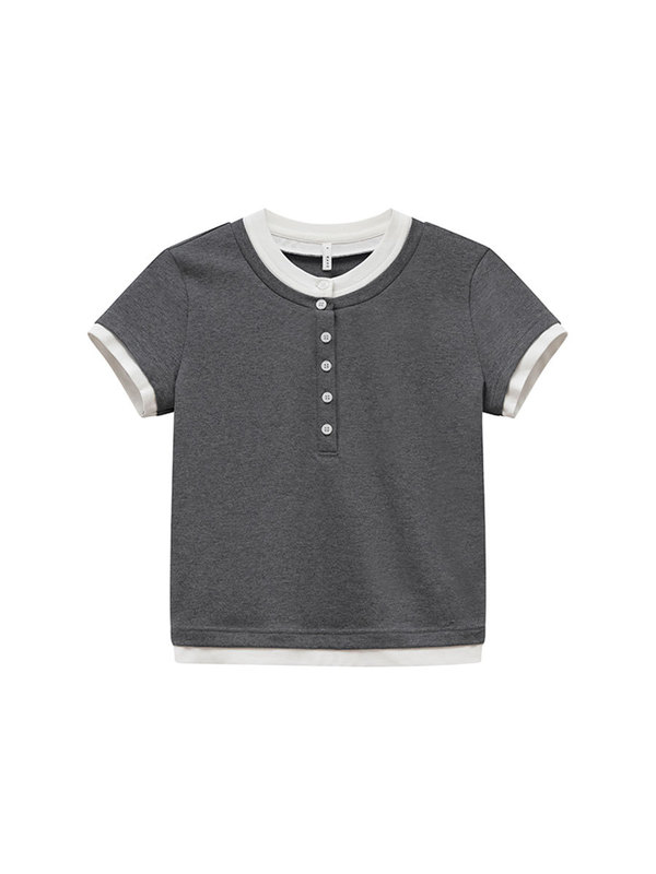 Hello Canon フェイクツーピーススプライシングヘンリーカラー半袖 Tシャツ女性の夏の新しいデザインコントラストカラーコットントップ|undefined