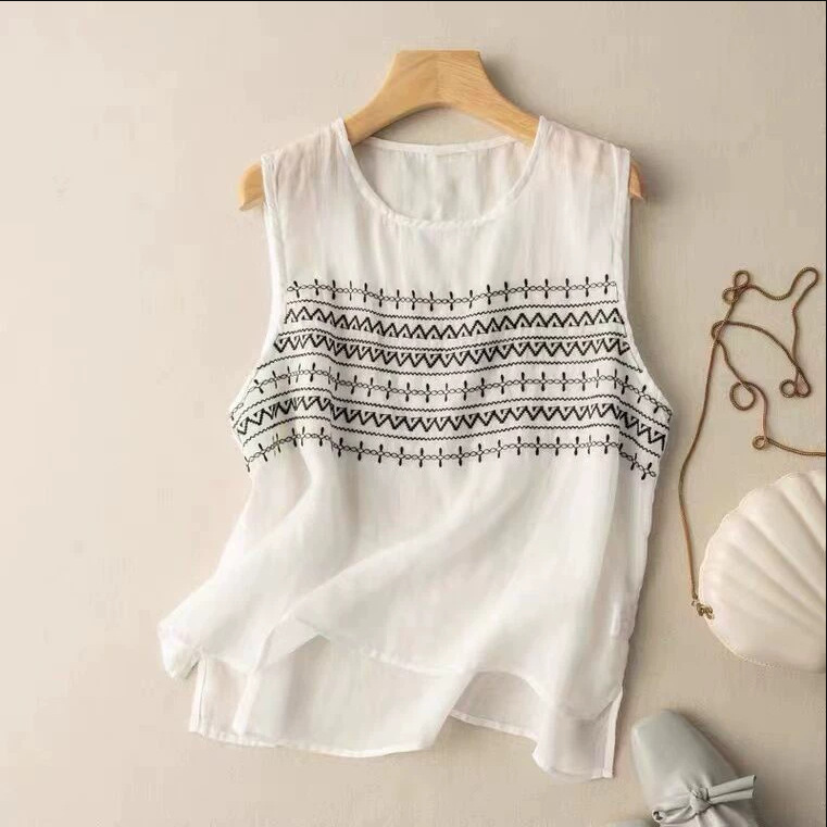 Summer new thin cotton linen sleeveless vest camisole solid color embroidered artistic retro vest top loose wholesale Summer new thin cotton linen sleeveless vest camisole solid color embroidered artistic retro vest top loose wholesale