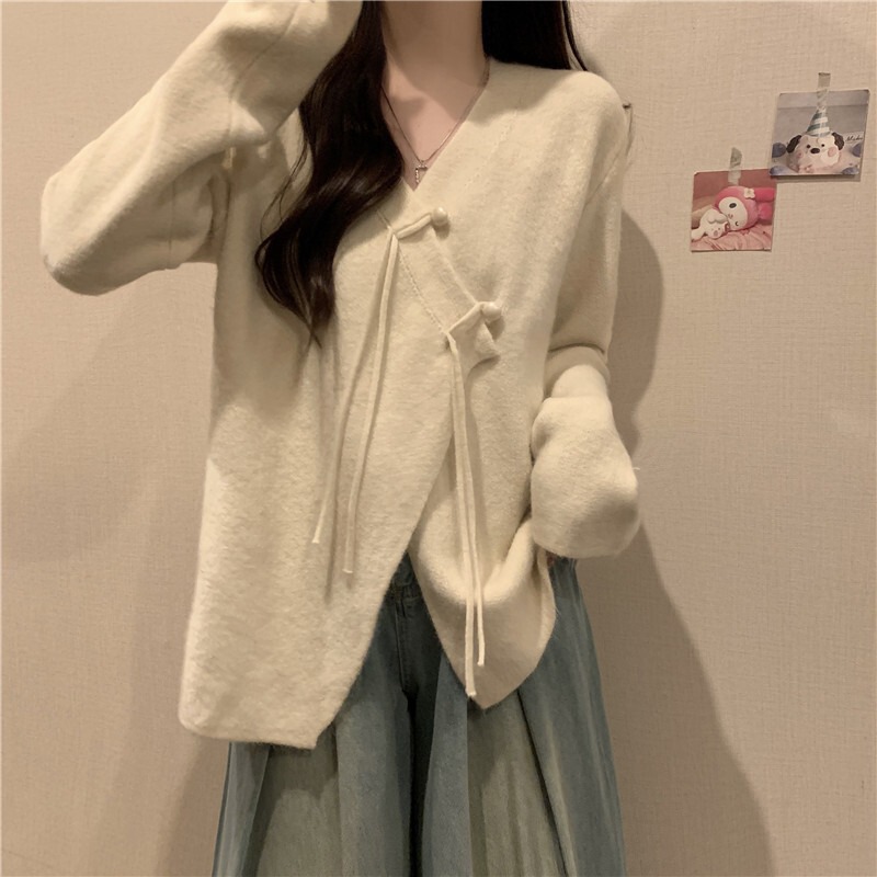 不规则软糯领毛衣开衫外套女秋冬微胖大码遮肚子宽松针织打底衫|undefined