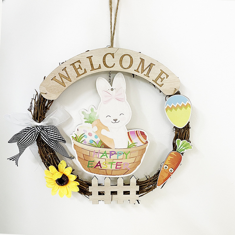 2022 New Easter Decoration Home Wreath Easter Rabbit Pendant Spring Wreath Door Hanging Welcome Wooden Sign