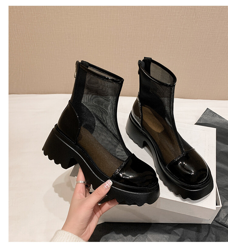 Boot ngắn nữ da thật vải lưới cao gót 6cm mùa hè phong cách Anh thoáng khí — Màu đen, Trắng be chi tiết 75
