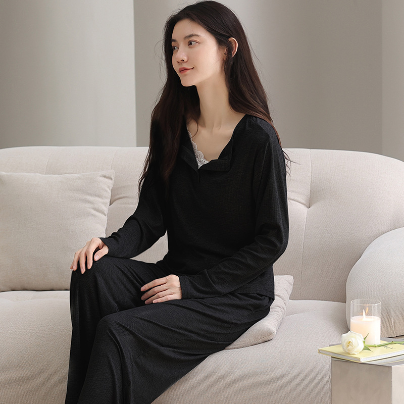 莫代尔睡衣女春秋季套头长袖套装简约休闲假两件可外穿女士家居服|undefined