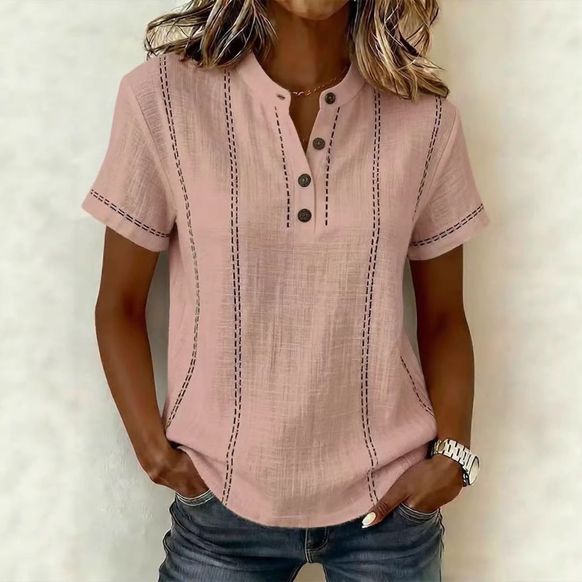 Transfronterizo 2026 estación independiente Amazon verano relajado casual explosión impresa botón de cuello de pie camisa de mujer de manga corta