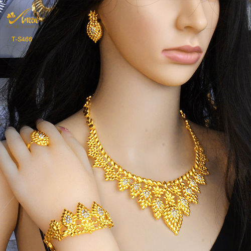 Anideal Women's 24K Gold Plated Jewelry Set for Indian Bride Marriage Necklace Earrings Ring Bracelet Set