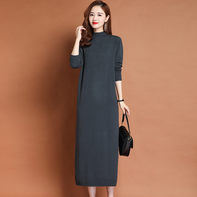 Autumn and Winter New Solid Color Half-turtleneck Sweater Women's Coat Inner Thickened Mid-length Over-the-knee Base Dress