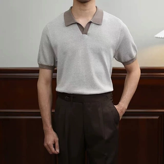 古巴领修身针织POLO衫男短袖弹力夏季2025新款撞色v领T恤