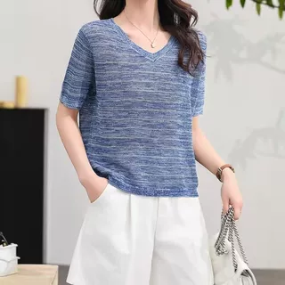 2025年新款夏季简约风V领短袖T恤宽松透气显瘦气质女士针织衫上衣
