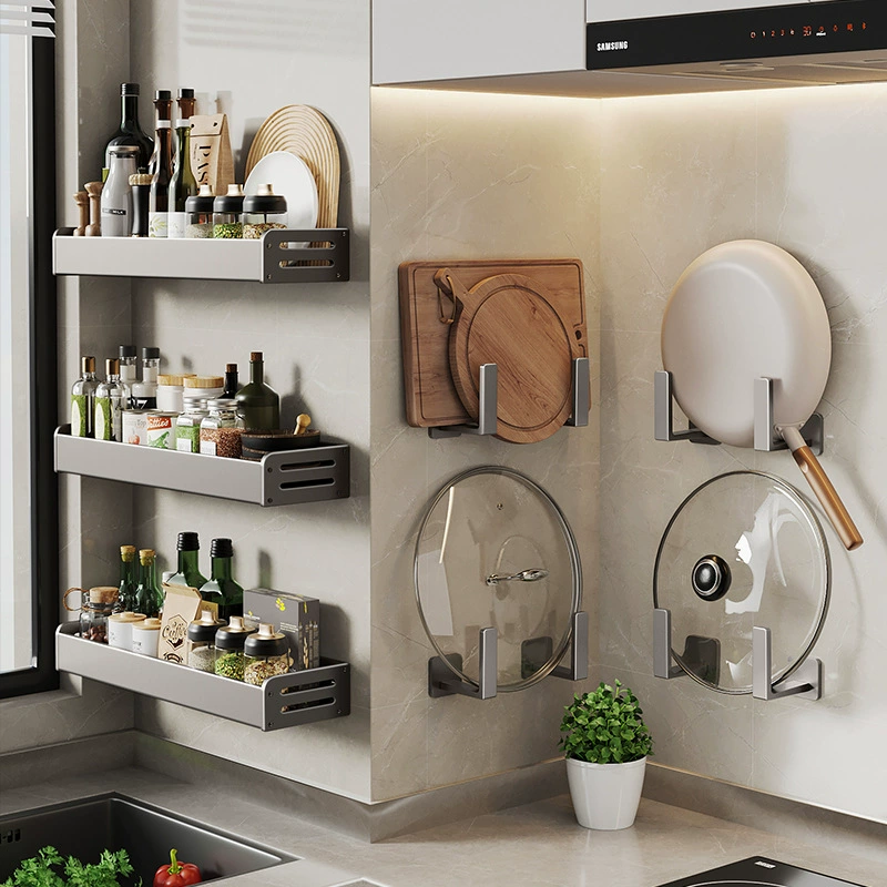 Pot lid rack free pores, wall -mounted kitchen storage gray multifunctional wall cutting board cutting board storage shelves