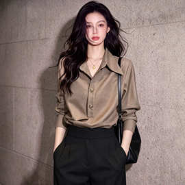 韩系复古棕色翻领单排扣长袖衬衫女秋季新款宽松显瘦通勤防晒衬衣