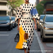 2025欧美独立站新款七分蝙蝠袖长裙斑点复古优雅修身连衣裙