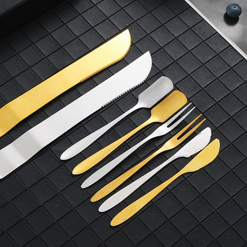 Stainless steel gold cake spatulas, knives, forks, and spoons, mooncake knife and fork set, pizza knife, baking tools, laser logo